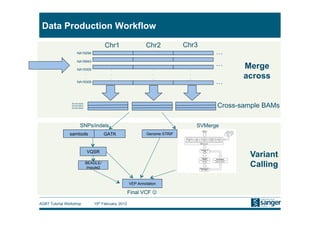Data Production Workflow

                                        Chr1                   Chr2            Chr3
                     NA19294                                                              …
                     NA18943
                                                                                          …      Merge
                     NA19305              .                        .            .
                         .
                         .
                                          .
                                          .
                                                                   .
                                                                   .
                                                                                .
                                                                                .                across
                     NA19309                                                              …

                 RG:NA19294
                 RG:NA18943
                 RG:NA19305
                                                                                          Cross-sample BAMs

                        SNPs/indels                                                 SVMerge
                samtools                GATK                    Genome STRiP



                              VQSR
                                                                                                  Variant
                              BEAGLE/
                              Impute2
                                                                                                  Calling

                                                       VEP Annotation

                                                       Final VCF 

AGBT Tutorial Workshop           15th February, 2012
 