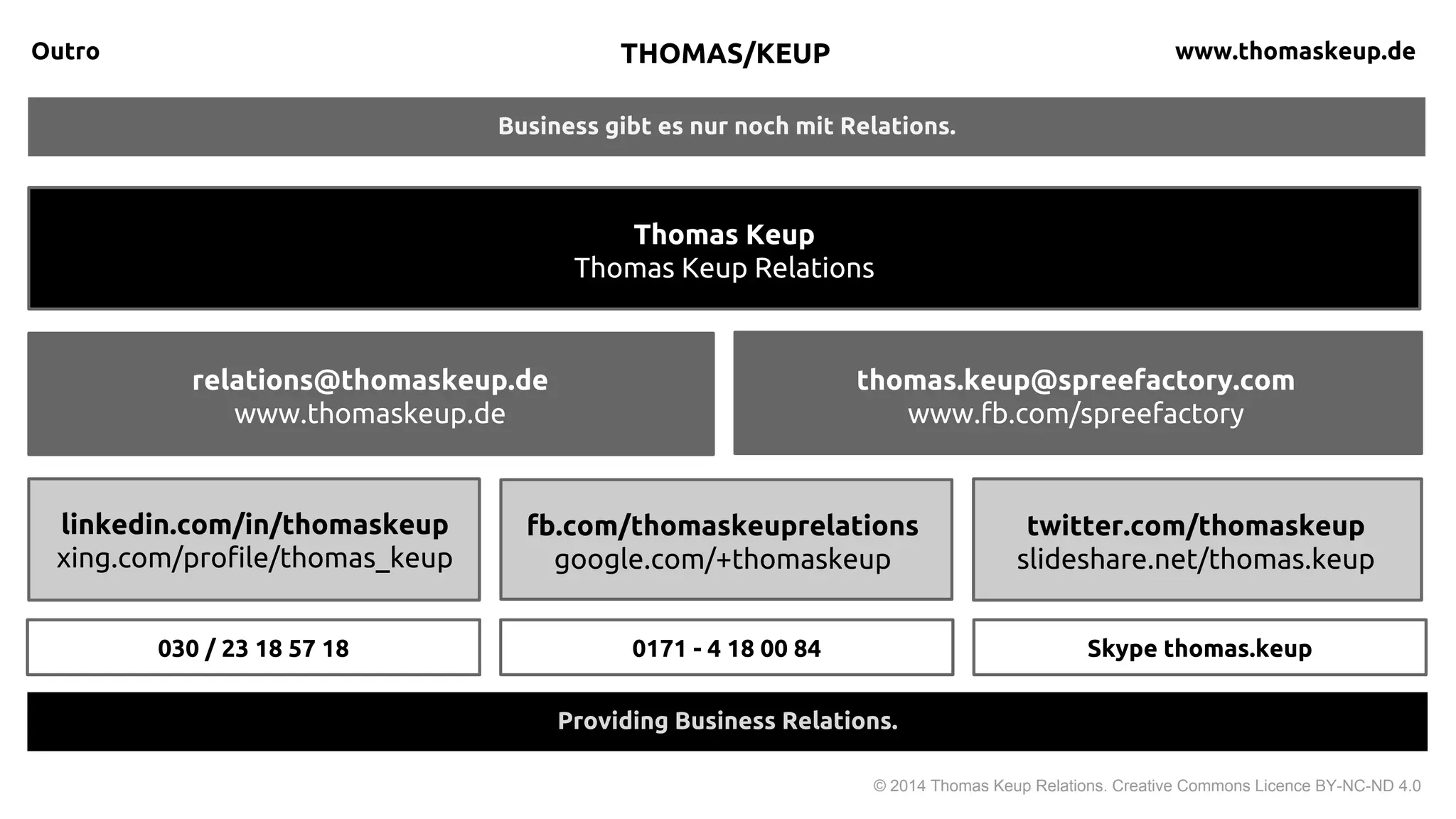 Business gibt es nur noch mit Relations.
Outro
© 2015 Thomas Keup Relations. Creative Commons Licence BY-NC-ND 4.0
Return on Reputation.
THOMAS KEUP thomaskeup.de
3
twitter.com/thomaskeup
slideshare.net/thomas.keup
linkedin.com/in/thomaskeup
xing.com/profile/thomas_keup
fb.com/thomaskeuprelations
google.com/+thomaskeup
030 / 23 18 57 18 0171 - 4 18 00 84 Skype thomas.keup
Thomas Keup
Thomas Keup Relations
relations@thomaskeup.de
www.thomaskeup.de
thomas.keup@spreefactory.com
www.fb.com/spreefactory
 