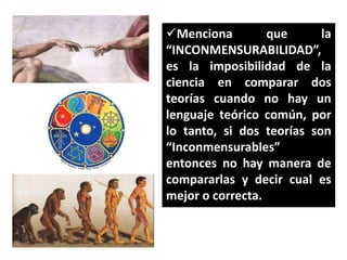Menciona
que
la
“INCONMENSURABILIDAD”,
es la imposibilidad de la
ciencia en comparar dos
teorías cuando no hay un
lenguaje teórico común, por
lo tanto, si dos teorías son
“Inconmensurables”
entonces no hay manera de
compararlas y decir cual es
mejor o correcta.

 