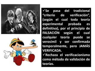 Se pasa del tradicional
“criterio
de
verificación”,
(según el cual toda teoría
experimental probada es
definitiva), por el principio de
FALSACIÓN según el cual
cualquier teoría puede se
verosímil y ser confirmada
temporalmente, pero JAMÁS
VERIFICADA.
Rechaza el verificacionismo
como método de validación de
teorías.

 