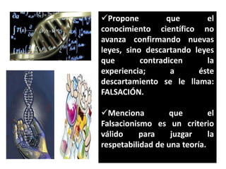 Propone
que
el
conocimiento científico no
avanza confirmando nuevas
leyes, sino descartando leyes
que
contradicen
la
experiencia;
a
éste
descartamiento se le llama:
FALSACIÓN.
Menciona
que
el
Falsacionismo es un criterio
válido
para
juzgar
la
respetabilidad de una teoría.

 