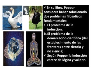 En su libro, Popper
considera haber solucionado
dos problemas filosóficos
fundamentales:
a. El problema de la
inducción.
b. El problema de la
demarcación científica (del
establecimiento de las
fronteras entre ciencia y
no ciencia).
 Según Popper la inducción
carece de lógica y validez.

 