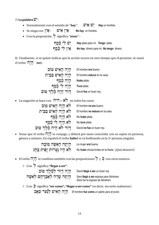 13
7) La palabra $¢y :
 Normalmente con el sentido de “hay”: $yi) $¢y Hay un hombre.
 Se niega con }y") : $yi) }y") No hay un hombre.
 Con la preposición :l significa “tener” :
VeseñK yil $¢y Hay plata para mí. Tengo plata.
VeseñK yil }y") No hay dinero para mí. No tengo dinero.
8) Finalmente, si se quiere indicar que la acción ocurre en otro tiempo que el presente, se usará
el verbo hæyfh (ser).
bO+ $yi)fh hæyfh El hombre era bueno.
téyaBaB $yi)fh hæyfh El hombre estuvo en la casa.
Veseñk hæyfh Hubo plata.
Veseñk yil hæyfh Tuve plata.
bO+ |eleñm hæyfh déwÄD David fue un buen rey.
 La negación se hace con hyh + )ol en todos los casos.
bO+ $yi)fh hæyfh )ol El hombre no era bueno.
téyaBaB $yi)fh hæyfh )ol El hombre no estuvo en la casa.
Veseñk hæyfh )ol No hubo plata.
Veseñk yil hæyfh )ol No tuve plata.
bO+ |eleñm hyfh )ol déwÄD David no fue un buen rey.
 Notar que el verbo hæyfh se conjuga, y deberá por tanto concordar con su sujeto en persona,
género y número. En español el verbo haber se va fosilizando en la 3ª persona singular.
hfbO+ hf<i)fh hftºyfh La mujer era buena.
gfxeB tOpæy tOrf(ºn Uyfh )ol No hubo chicas lindas en la fiesta. (¡Qué desastre!)
 El verbo hæyfh se combina también con las preposiciones :l y :K con otros matices:
 Con :l significa “llegar a ser”:
bO+ |eleñm:l déwÄd hæyfh David llegó a ser un buen rey.
hf<i):l {fhÄr:ba):l hÄrf& hftºyfh Sara llegó a ser esposa para Abraham
Sara fue la esposa de Abraham.
 Con :K significa “ser como”, “llegar a ser como” (es decir, sin serlo realmente):
bf):K ra(á¾Nal $yi)fh hæyfh El hombre fue como un padre para el joven.
 
