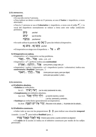 4444
2) EL IMPERATIVO.
a) En general.
 Se usa sólo con la 2ª persona.
 Para indicar un deseo u orden en 3ª persona, se usa el Yusivo (= imperfecto, a veces
abreviado).
 Para la 1ª persona se usa el Cohortativo (= imperfecto, a veces con el sufijo hfñ ). La
vocal del imperfecto normalmente se reduce a šewa ante este sufijo (reducción
pretónica).
bot:K ¡escribe!
boT:kéy que él escriba
hfñb:T:kén ¡escribamos!
 Se suele utilizar la partícula )æn „)æn-– para dar énfasis al imperativo.
)æn bot:K , )æn-bft:K ¡escribe!
 El imperativo se niega con el imperfecto + la) o )ol
b) El imperativo en cadena.
 Imperativo + we + imperativo: no hay problema.
romE)åw... |"lºw... lokE) come... y vé... y di
 Imperativo + we + perfecto: indica una continuidad.
fTÍramf)ºw... fT:kalfhºw... lokE) come primero y luego vete y di
 Imperativo / yusivo / cohortativo + we + imperfecto (yusivo / cohortativo): indica una
consecuencia o finalidad (“para que...”)
ram)otºw... |"lEñtºw... lokE) (come para que vayas y para que digas)
come para que puedas ir y decir...
3) EL INFINITIVO.
a) El infinitivo absoluto.
 Enfatiza un verbo finito.
Ex 3,7: yityiñ)Är ho)Är (ver he visto) ciertamente he visto...
 Complementa otro infinitivo absoluto.
Jue 14,9: lokf)ºw |Olfh |el¢Yáw (y marchó marchar y comer)
y se fue, caminando y comiendo...
 Sustituye un verbo finito (generalmente un imperativo).
Ex 20,8: tfBa<ah {Oy-te) rOkæz (Recordar el día sábado...) Acuérdate del día sábado...
b) El infinitivo constructo.
 Sobre todo se usa con las preposiciones :B :K para indicar una situación temporal
(cuando...) y con :l para indicar finalidad (para...).
Ux:mª& lokE)ebU lokE)el U)fB Vinieron para comer y cuando comieron se alegraron
 El sujeto de la acción se indica en el infinitivo constructo por medio de los sufijos
personales.
 