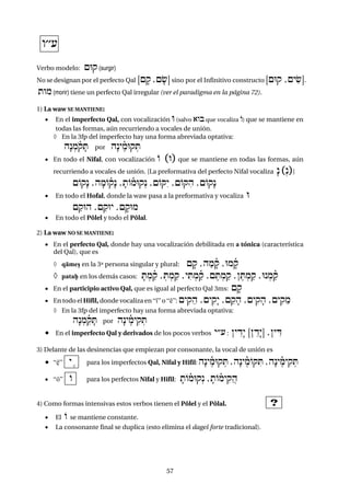 5757
w''Œ
Verbo modelo: {Uq (surgir)
No se designan por el perfecto Qal [{fq ,{f&] sino por el Infinitivo constructo [{Uq ,{yi&].
twm (morir) tiene un perfecto Qal irregular (ver el paradigma en la página 72).
1) La waw SE MANTIENE:
 En el imperfecto Qal, con vocalización U (salvo )wb que vocaliza O) que se mantiene en
todas las formas, aún recurriendo a vocales de unión.
 En la 3fp del imperfecto hay una forma abreviada optativa:
hæn:moñqfT por hænyeñmUq:T
 En todo el Nifal, con vocalización O „U– que se mantiene en todas las formas, aún
recurriendo a vocales de unión. [La preformativa del perfecto Nifal vocaliza æn „ºn–]
{Oqæn ,hfmOñqæn ,ftOñmUqºn ,{OQéy ,{OQih ,{Oqæn
 En todo el Hofal, donde la waw pasa a la preformativa y vocaliza U
{aqUh ,{aqUy ,{fqUm
 En todo el Pôlel y todo el Pôlal.
2) La waw NO SE MANTIENE:
 En el perfecto Qal, donde hay una vocalización debilitada en a tónica (característica
del Qal), que es
 qámec en la 3ª persona singular y plural: {fq ,hamfñq ,Umfñq
 patax en los demás casos: fT:mañq ,:T:maq ,yiT:mañq ,{eT:maq ,}eT:maq ,Un:mañq
 En el participio activo Qal, que es igual al perfecto Qal 3ms: {fq
 En todo el Hifil, donde vocaliza en “î”o “é”: {yiq"h ,{yiqæy ,{"qfh ,{yiqfh ,{yiq"m
 En la 3fp del imperfecto hay una forma abreviada optativa:
hæn:m"ñqfT por hænyeñmyiq:T
 En el imperfecto Qal y derivados de los pocos verbos y®( : }yÌdæy [}Êdæy] ,}yÌD
3) Delante de las desinencias que empiezan por consonante, la vocal de unión es
 “ë” ye para los imperfectos Qal, Nifal y Hifil: hænyeñmUq:T ,hænyeñmOQiT ,hænyeñmyiq:T
 “ô” O para los perfectos Nifal y Hifil: ftOñmUqºn ,ftOñmyiqAh
4) Como formas intensivas estos verbos tienen el Pôlel y el Pôlal. ?
 El O se mantiene constante.
 La consonante final se duplica (esto elimina el dageš forte tradicional).
 
