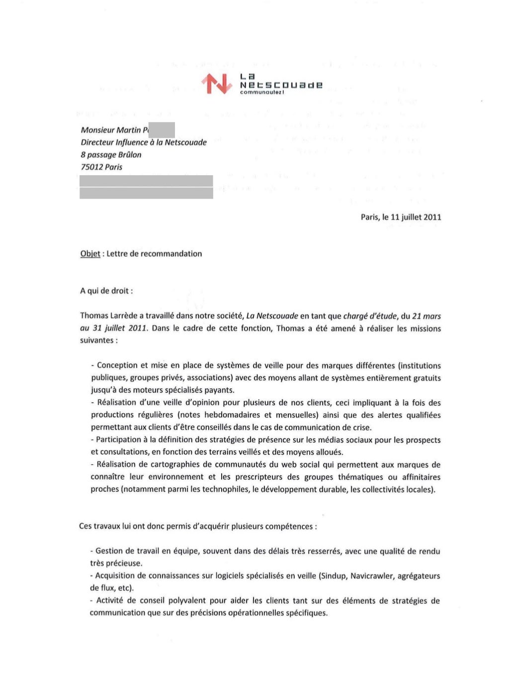 Lettre de recommandation  Thomas Larrède (La Netscouade  2011)