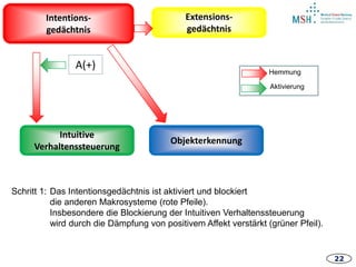 22
Intentions-
gedächtnis
Intuitive
Verhaltenssteuerung
Extensions-
gedächtnis
Objekterkennung
A(+) Hemmung
Aktivierung
Schritt 1: Das Intentionsgedächtnis ist aktiviert und blockiert
die anderen Makrosysteme (rote Pfeile).
Insbesondere die Blockierung der Intuitiven Verhaltenssteuerung
wird durch die Dämpfung von positivem Affekt verstärkt (grüner Pfeil).
 