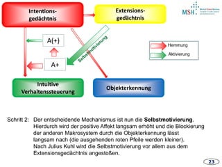 23
Intentions-
gedächtnis
Intuitive
Verhaltenssteuerung
Extensions-
gedächtnis
Objekterkennung
A+
A(+) Hemmung
Aktivierung
Schritt 2: Der entscheidende Mechanismus ist nun die Selbstmotivierung.
Hierdurch wird der positive Affekt langsam erhöht und die Blockierung
der anderen Makrosystem durch die Objekterkennung lässt
langsam nach (die ausgehenden roten Pfeile werden kleiner).
Nach Julius Kuhl wird die Selbstmotivierung vor allem aus dem
Extensionsgedächtnis angestoßen.
 