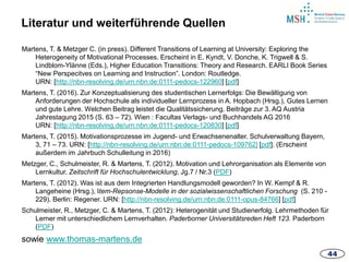 4444
Literatur und weiterführende Quellen
Martens, T. & Metzger C. (in press). Different Transitions of Learning at University: Exploring the
Heterogeneity of Motivational Processes. Erscheint in E. Kyndt, V. Donche, K. Trigwell & S.
Lindblom-Ylänne (Eds.), Higher Education Transitions: Theory and Research. EARLI Book Series
“New Perspecitves on Learning and Instruction”. London: Routledge.
URN: [http://nbn-resolving.de/urn:nbn:de:0111-pedocs-122960] [pdf]
Martens, T. (2016). Zur Konzeptualisierung des studentischen Lernerfolgs: Die Bewältigung von
Anforderungen der Hochschule als individueller Lernprozess in A. Hopbach (Hrsg.), Gutes Lernen
und gute Lehre. Welchen Beitrag leistet die Qualitätssicherung. Beiträge zur 3. AQ Austria
Jahrestagung 2015 (S. 63 – 72). Wien : Facultas Verlags- und Buchhandels AG 2016
URN: [http://nbn-resolving.de/urn:nbn:de:0111-pedocs-120830] [pdf]
Martens, T. (2015). Motivationsprozesse im Jugend- und Erwachsenenalter. Schulverwaltung Bayern,
3, 71 – 73. URN: [http://nbn-resolving.de/urn:nbn:de:0111-pedocs-109762] [pdf]. (Erscheint
außerdem im Jahrbuch Schulleitung in 2016)
Metzger, C., Schulmeister, R. & Martens, T. (2012). Motivation und Lehrorganisation als Elemente von
Lernkultur. Zeitschrift für Hochschulentwicklung, Jg.7 / Nr.3 (PDF)
Martens, T. (2012). Was ist aus dem Integrierten Handlungsmodell geworden? In W. Kempf & R.
Langeheine (Hrsg.), Item-Repsonse-Modelle in der sozialwissenschaftlichen Forschung (S. 210 -
229). Berlin: Regener. URN: [http://nbn-resolving.de/urn:nbn:de:0111-opus-84766] [pdf]
Schulmeister, R., Metzger, C. & Martens, T. (2012): Heterogenität und Studienerfolg. Lehrmethoden für
Lerner mit unterschiedlichem Lernverhalten. Paderborner Universitätsreden Heft 123. Paderborn
(PDF)
sowie www.thomas-martens.de
 