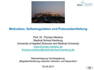 45
Motivation, Selbstregulation und Potenzialentfaltung
Prof. Dr. Thomas Martens
Medical School Hamburg
University of Applied Sciences and Medical University
www.thomas-martens.de
thomas.martens@medicalschool-hamburg.de
Netzwerktagung Hochbegabung:
„Begabtenförderung zwischen Inklusion und Separation“
03.04.2017
 