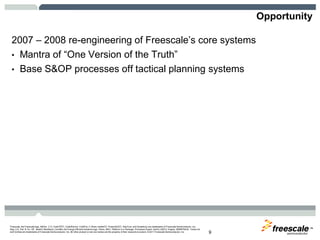 TM
Freescale, the Freescale logo, AltiVec, C-5, CodeTEST, CodeWarrior, ColdFire, C-Ware, mobileGT, PowerQUICC, StarCore, and Symphony are trademarks of Freescale Semiconductor, Inc.,
Reg. U.S. Pat. & Tm. Off. BeeKit, BeeStack, CoreNet, the Energy Efficient Solutions logo, Flexis, MXC, Platform in a Package, Processor Expert, QorIQ, QUICC Engine, SMARTMOS, TurboLink
and VortiQa are trademarks of Freescale Semiconductor, Inc. All other product or service names are the property of their respective owners. © 2011 Freescale Semiconductor, Inc. 9
Opportunity
2007 – 2008 re-engineering of Freescale’s core systems
• Mantra of “One Version of the Truth”
• Base S&OP processes off tactical planning systems
 