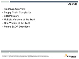 TM
Freescale, the Freescale logo, AltiVec, C-5, CodeTEST, CodeWarrior, ColdFire, C-Ware, mobileGT, PowerQUICC, StarCore, and Symphony are trademarks of Freescale Semiconductor, Inc.,
Reg. U.S. Pat. & Tm. Off. BeeKit, BeeStack, CoreNet, the Energy Efficient Solutions logo, Flexis, MXC, Platform in a Package, Processor Expert, QorIQ, QUICC Engine, SMARTMOS, TurboLink
and VortiQa are trademarks of Freescale Semiconductor, Inc. All other product or service names are the property of their respective owners. © 2011 Freescale Semiconductor, Inc. 1
Agenda
• Freescale Overview
• Supply Chain Complexity
• S&OP History
• Multiple Versions of the Truth
• One Version of the Truth
• Future S&OP Directions
 