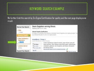 KEYWORD SEARCH EXAMPLE
We further limit the search by Six Sigma Certification for quality and the next page displays one
result.

 