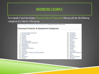BROWSING EXAMPLE
For example if you have chosen Cleaning Products & Equipment then you will see the following
categories of products in this group.

 