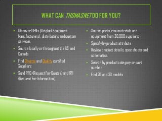 WHAT CAN THOMASNET DO FOR YOU?
 Discover OEMs (Original Equipment

Manufacturers), distributors and custom
services
 Source locally or throughout the US and

Canada
 Find Diverse and Quality certified

Suppliers
 Send RFQ (Request For Quotes) and RFI

(Request For Information)

 Source parts, raw materials and

equipment from 30,000 suppliers
 Specify by product attribute
 Review product details, spec sheets and

schematics
 Search by product category or part

number
 Find 2D and 3D models

 