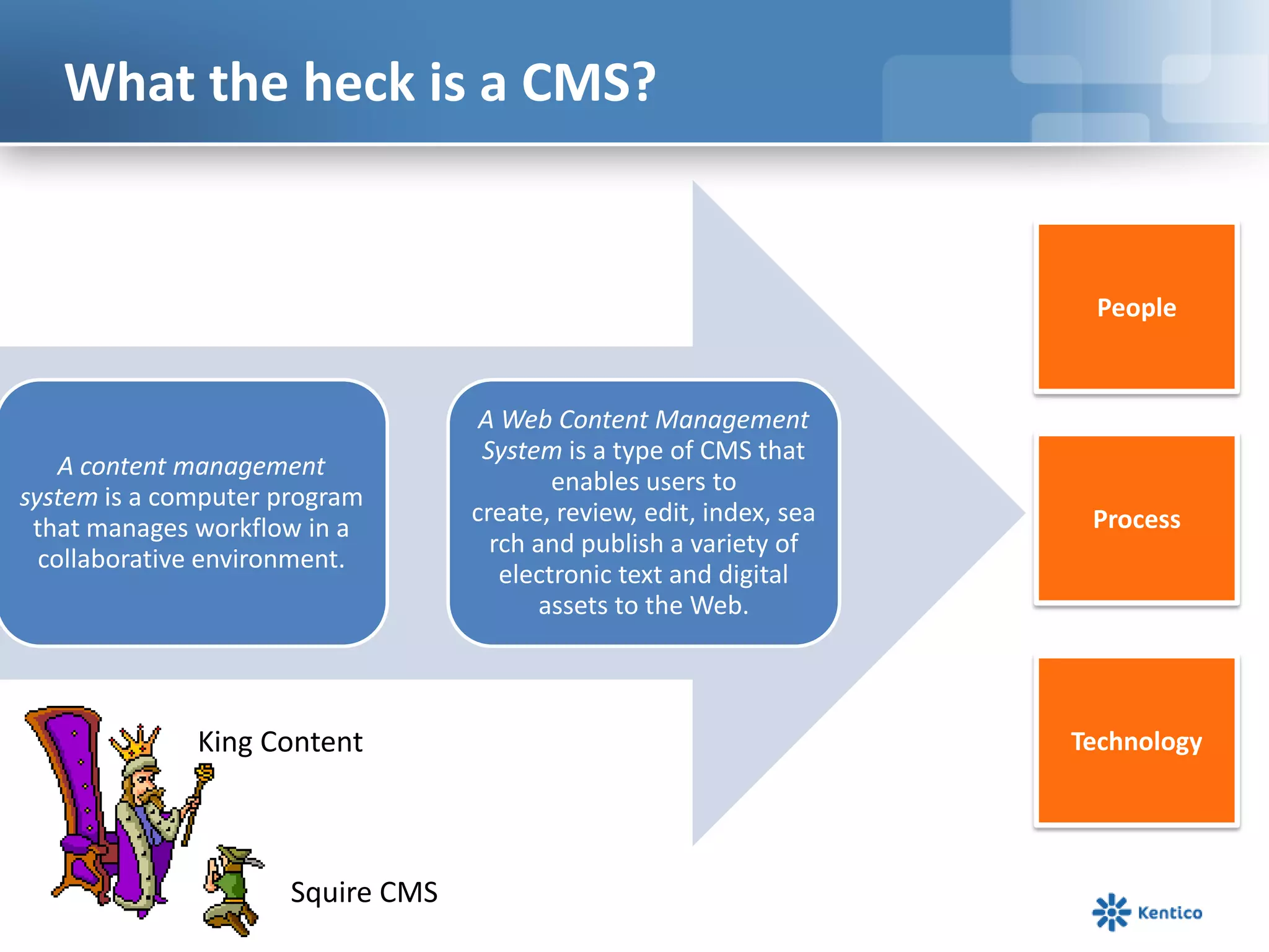 What the heck is a CMS?PeopleProcess TechnologyKing ContentSquire CMS
