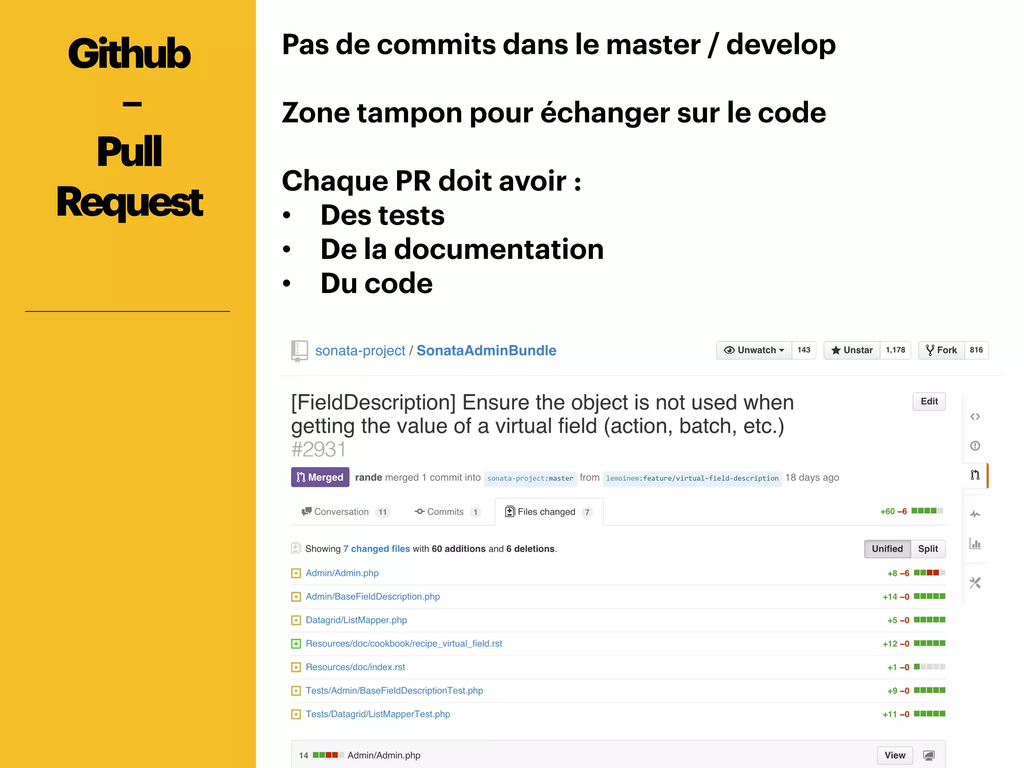 2929
Pas de commits dans le master / develop
Zone tampon pour échanger sur le code
Chaque PR doit avoir :
•  Des tests
•  De la documentation
•  Du code
Github
–
Pull
Request
 