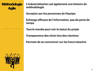 2727
L’industrialisation est également une histoire de
méthodologie
Accepter par les personnes de l’équipe.
Echange efficace de l’information, pas de perte de
temps
Tout le monde peut voir le statut du projet
Transparence des choix lors des réunions
Permets de se concentrer sur les futurs besoins
Méthodologie
Agile
 