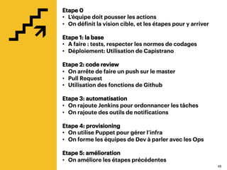 4848
Etape 0
•  L’équipe doit pousser les actions
•  On définit la vision cible, et les étapes pour y arriver
Etape 1: la base
•  A faire : tests, respecter les normes de codages
•  Déploiement: Utilisation de Capistrano
Etape 2: code review
•  On arrête de faire un push sur le master
•  Pull Request
•  Utilisation des fonctions de Github
Etape 3: automatisation
•  On rajoute Jenkins pour ordonnancer les tâches
•  On rajoute des outils de notifications
Etape 4: provisioning
•  On utilise Puppet pour gérer l’infra
•  On forme les équipes de Dev à parler avec les Ops
Etape 5: amélioration
•  On améliore les étapes précédentes
 