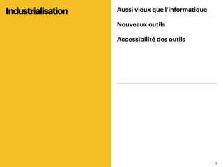 66
Aussi vieux que l’informatique
Nouveaux outils
Accessibilité des outils
Industrialisation
 