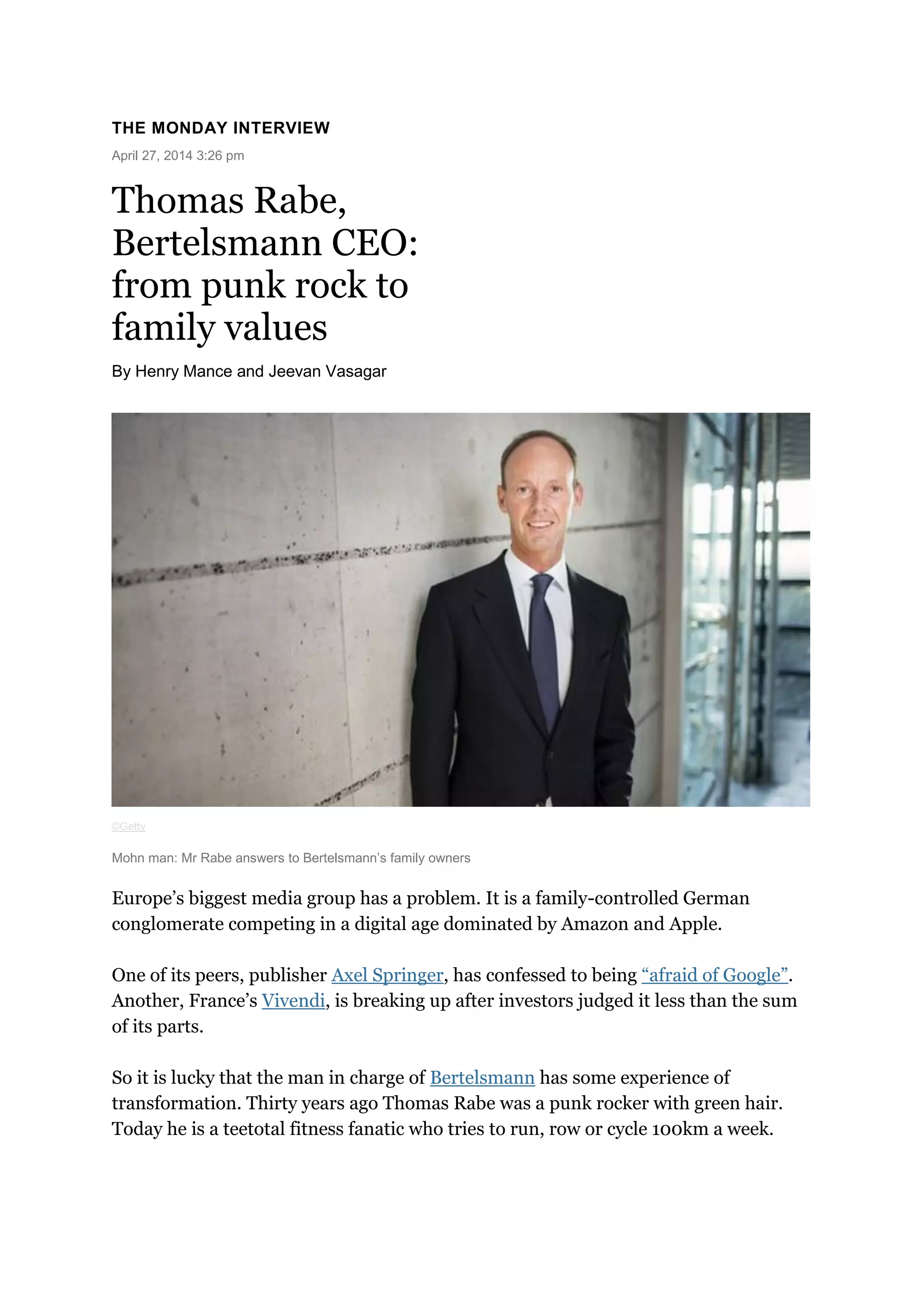 Thomas Rabe Ceo Thomas Rabe - Bertelsmann ceo - from punk rock to family values | PDF