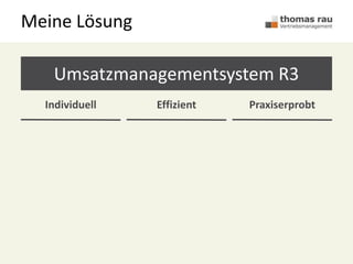 Meine Lösung
Umsatzmanagementsystem R3
Individuell Effizient Praxiserprobt
 