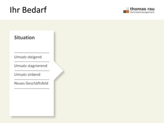 Ihr Bedarf
Situation
Umsatz steigend
Umsatz stagnierend
Umsatz sinkend
Neues Geschäftsfeld
 