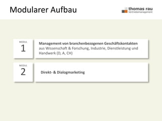 Modularer Aufbau
Management von branchenbezogenen Geschäftskontakten
aus Wissenschaft & Forschung, Industrie, Dienstleistung und
Handwerk (D, A, CH)
Direkt- & Dialogmarketing
MODUL
MODUL
2
1
 
