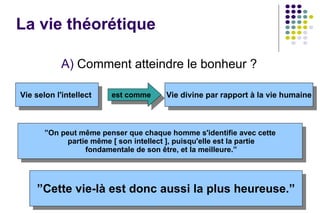 La vie théorétique Comment atteindre le bonheur ? Vie selon l'intellect  Vie divine par rapport à la vie humaine est comme ” On peut même penser que chaque homme s'identifie avec cette partie même [ son intellect ], puisqu'elle est la partie fondamentale de son être, et la meilleure.” ” Cette vie-là est donc aussi la plus heureuse.” 