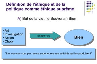 Définition de l'éthique et de la politique comme éthique suprême But de la vie : le Souverain Bien Art Investigation Action Choix Tendent vers Bien ” Les oeuvres sont par nature supérieures aux activités qui les produisent” 
