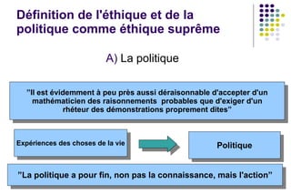 Définition de l'éthique et de la politique comme éthique suprême La politique ” Il est évidemment à peu près aussi déraisonnable d'accepter d'un mathématicien des raisonnements  probables que d'exiger d'un  rhéteur des démonstrations proprement dites” Politique Expériences des choses de la vie ” La politique a pour fin, non pas la connaissance, mais l'action” 