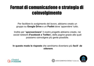 Per facilitare lo svolgimento del lavoro, abbiamo creato un
gruppo su Google Drive e un Padlet dove ‘appendere’ tutto.
Inoltre per “sponsorizzare” il nostro progetto abbiamo creato, nei
social network (Facebook e Twitter), delle pagine grazie alle quali
possiamo coinvolgere più gente possibile.
In questo modo le risposte che cerchiamo diventano più facili da
ottenere.
Format di comunicazione e strategia di
coinvolgimento
 