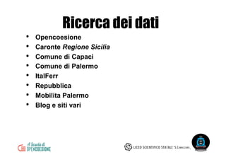 •  Opencoesione
•  Caronte Regione Sicilia
•  Comune di Capaci
•  Comune di Palermo
•  ItalFerr
•  Repubblica
•  Mobilita Palermo
•  Blog e siti vari
Ricerca dei dati
 