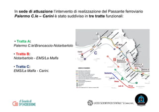In sede di attuazione l’intervento di realizzazione del Passante ferroviario
Palermo C.le – Carini è stato suddiviso in tre tratte funzionali:
• Tratta A:
Palermo C.leBrancaccio-Notarbartolo
• Tratta B:
Notarbartolo - EMS/La Malfa
• Tratta C:
EMS/La Malfa - Carini.
 