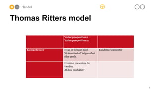 Thomas Ritters model 
Value proposition 1 
Value proposition 2 
Kompetencer 
Hvad er formålet med 
Virksomheden? Velgørenhed eller profit. 
Kunderne/segmenter 
Hvordan præsentere du værdien 
Af dine produkter? 
1 
