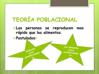 TEORÍA POBLACIONAL
Las personas se reproducen mas
rápido que los alimentos.
Postulados: