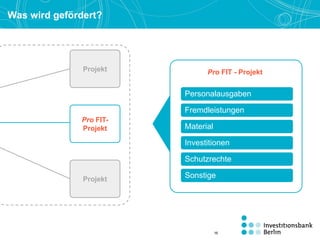 Was wird gefördert?
Personalausgaben
Fremdleistungen
Material
Investitionen
Schutzrechte
Sonstige
Pro FIT - Projekt
Projekt
Projekt
Pro FIT-
Projekt
16
 