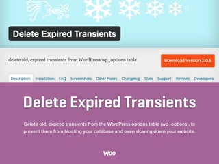 Delete Expired Transients
Delete old, expired transients from the WordPress options table (wp_options), to
prevent them from bloating your database and even slowing down your website.
 