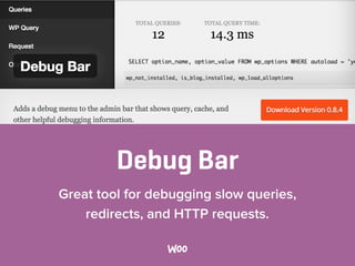 Debug Bar
Great tool for debugging slow queries,
redirects, and HTTP requests.
 