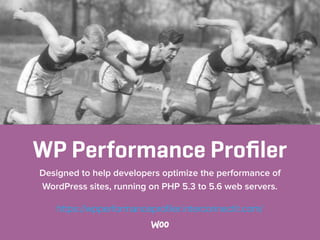 WP Performance Proﬁler
Designed to help developers optimize the performance of
WordPress sites, running on PHP 5.3 to 5.6 web servers. 
 
https://wpperformanceproﬁler.interconnectit.com/
 