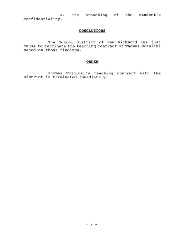 Thomas Woznicki Dismissal (New Richmond, Wisconsin School District) PDF