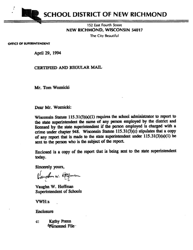 Thomas Woznicki Dismissals (THREE Different School Districts in Wisconsin)