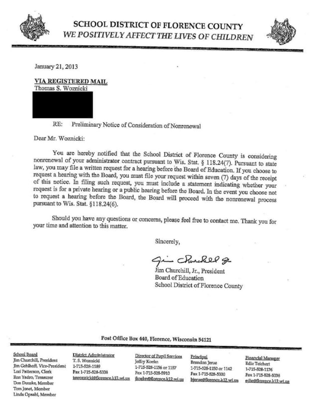 Thomas Woznicki Dismissals (THREE Different School Districts in Wisconsin)