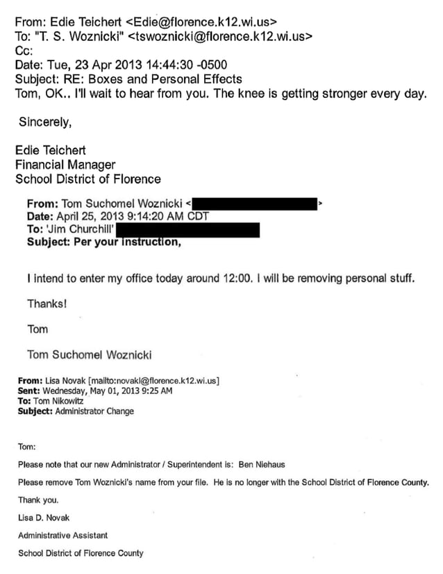 Thomas Woznicki Dismissals (THREE Different School Districts in Wisconsin)