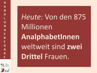 Heute:  Von den 875 Millionen  AnalphabetInnen  weltweit sind  zwei Drittel  Frauen. 