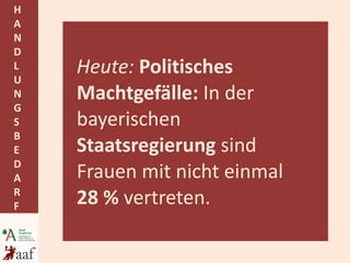 Heute:  Politisches Machtgefälle:  In der bayerischen  Staatsregierung  sind Frauen mit nicht einmal  28 %  vertreten. 