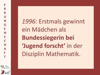 1996:   Erstmals gewinnt ein Mädchen als  Bundessiegerin bei ‘Jugend forscht’  in der Disziplin Mathematik. 