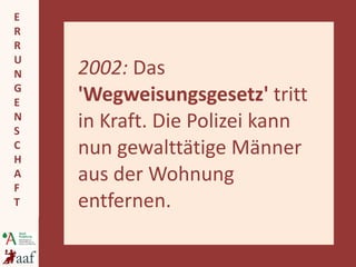 2002:  Das  'Wegweisungsgesetz'  tritt in Kraft. Die Polizei kann nun gewalttätige Männer aus der Wohnung entfernen. 