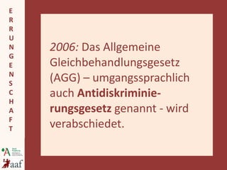 2006:  Das Allgemeine Gleichbehandlungsgesetz (AGG) – umgangssprachlich auch  Antidiskriminie-rungsgesetz  genannt - wird verabschiedet. 
