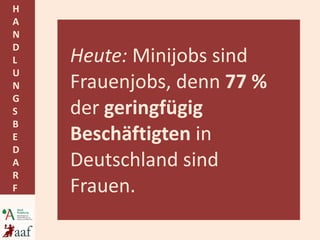 Heute:  Minijobs sind Frauenjobs, denn  77 %  der  geringfügig Beschäftigten  in Deutschland sind Frauen. 